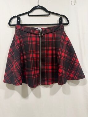 Hot Topic Red Black Plaid Skater Skirt Zip Front Punk Grunge Small